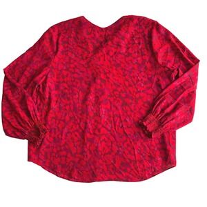 Gibson Latimer Women XXL Balloon Sleeve Blouse Red Pink Leopard Print Top V-Neck